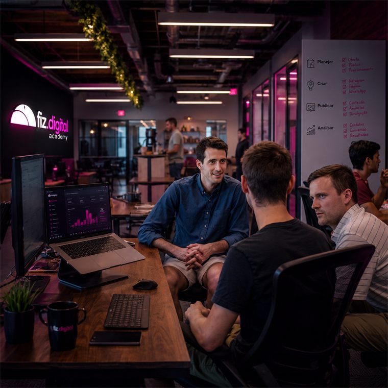 Equipe pequena planejando ações digitais em uma mesa de trabalho